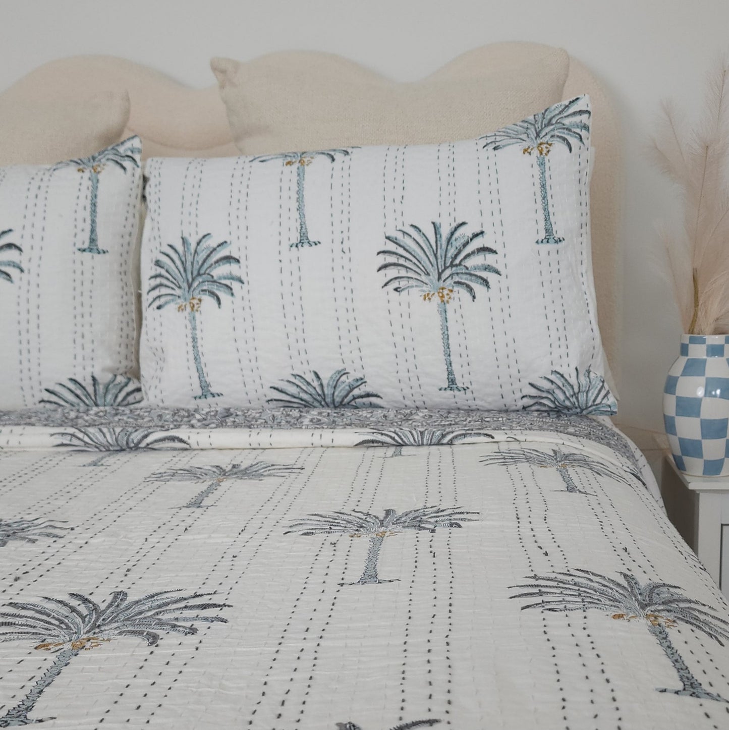 Grey Palm Tree Bedcover Handmade