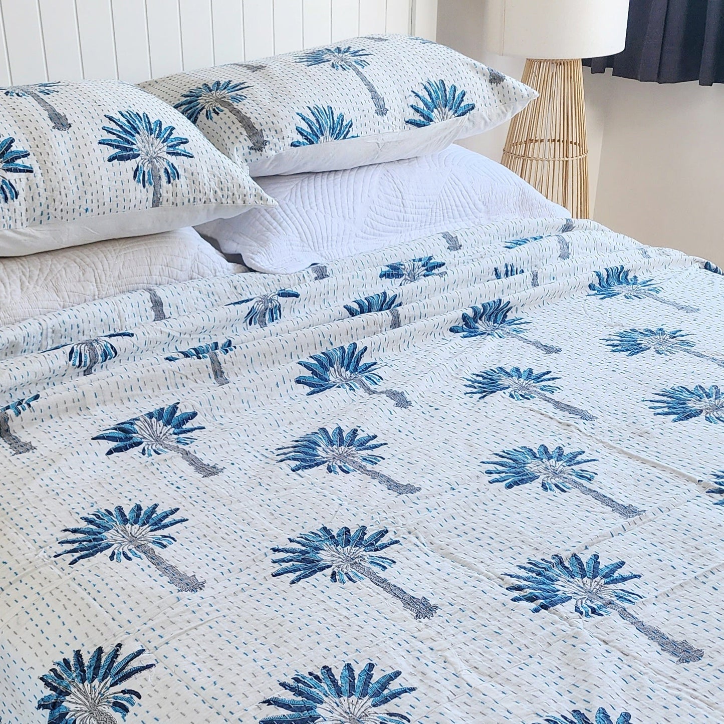 Blue Palm Tree Bedcover Handmade