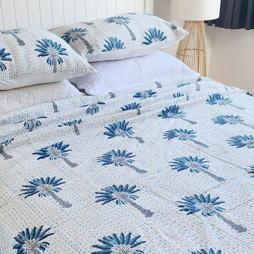 Blue Palm Tree Bedcover Handmade