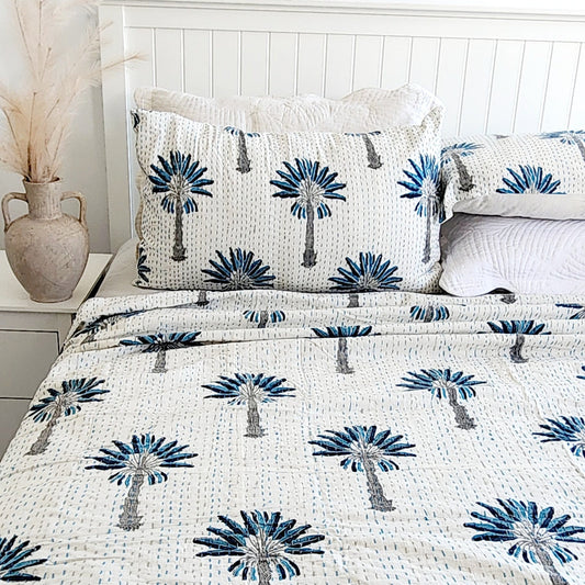 Blue Palm Tree Bedcover Handmade