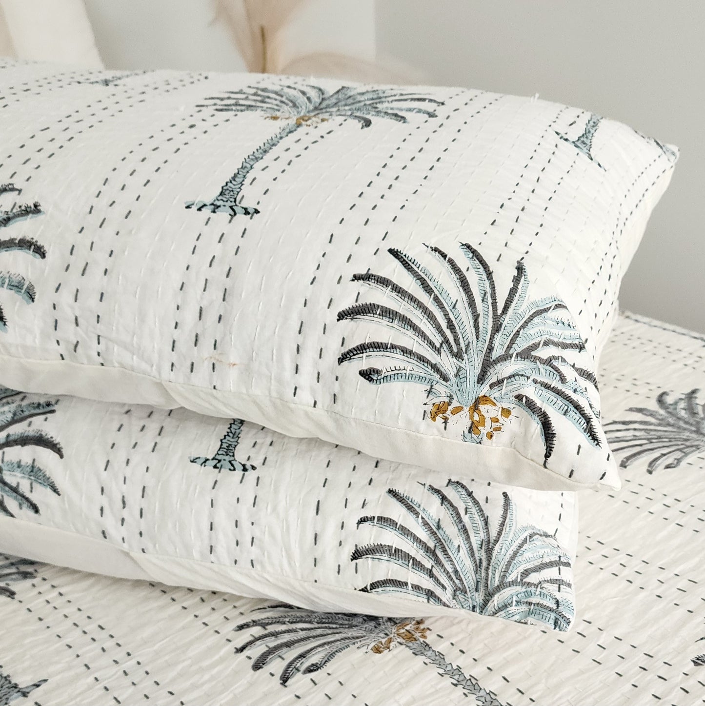 Grey Palm Tree Bedcover Handmade