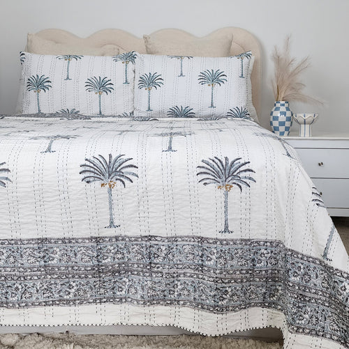 Grey Palm Tree Bedcover Handmade