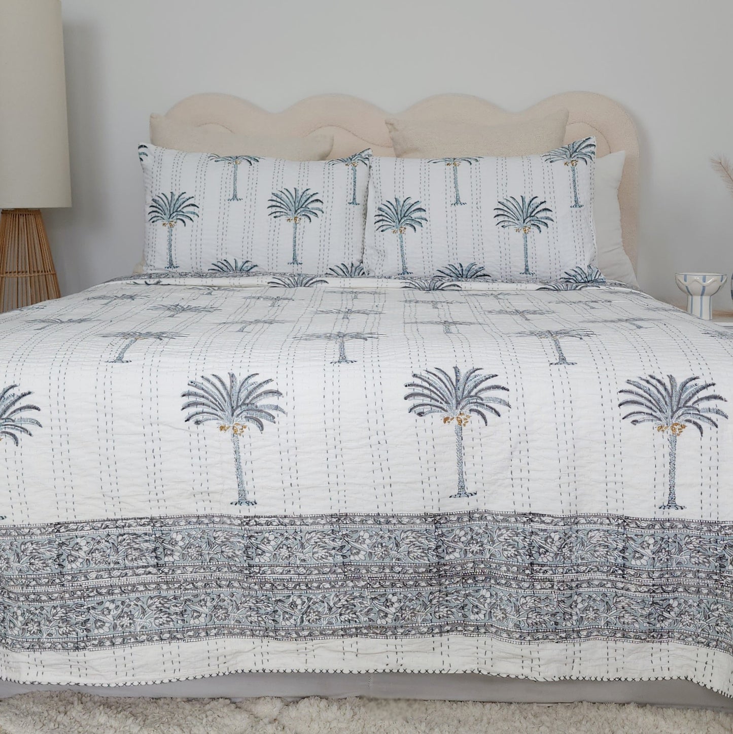 Grey Palm Tree Bedcover Handmade